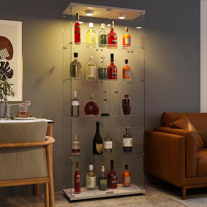 FANYUSHOW Display Cabinet with Glass Door and LED Light, 5-Tier Tempered Glass by FANYUSHOW