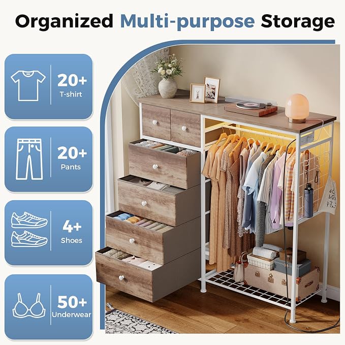 DUMOS Dresser for Bedroom with Hanging Rack, 6 Drawer Fabric Dresser with - Image 5