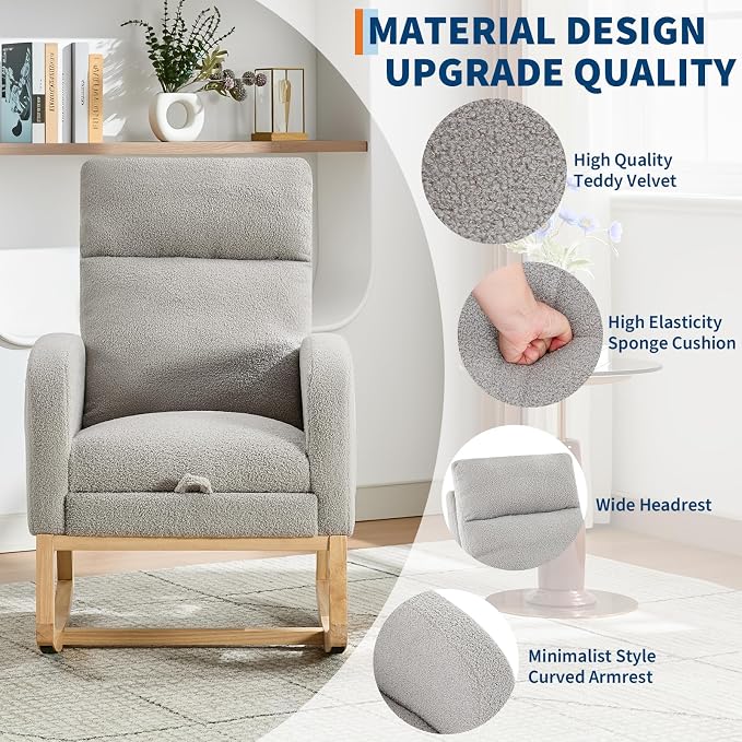 Modern Nursery Rocking Chair, Teddy Upholstered Rocking Chair - Image 4