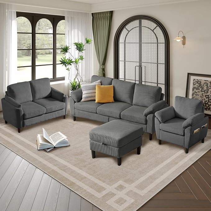 4 Piece Modern Corduroy Sofa Set, L-Shaped Sectional Couch - Image 4