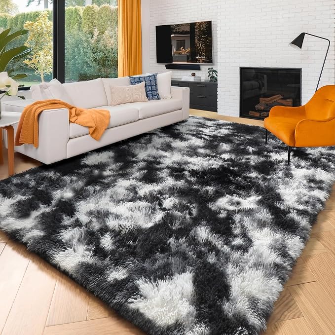 Amdrebio Black White Grey Fluffy Area Rug 5x8 - Image 4