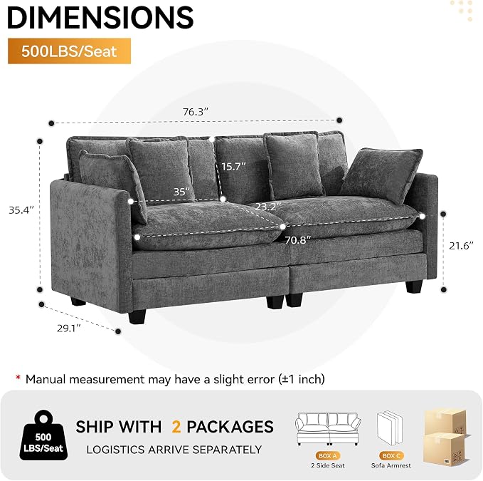 76'' Cloud Deep Seat Loveseat, Upholstered Chenille Modular 2-Seats Sectional - Image 2