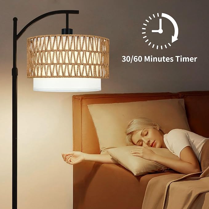 ZECOXOL Arc Floor Lamp with Table and Shelves, Rattan Boho Floor Lamp with - Image 5