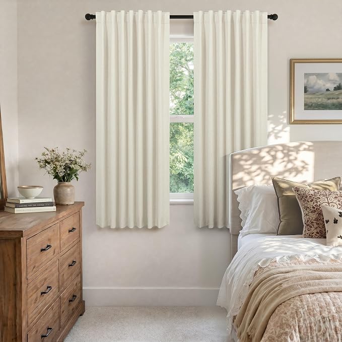 Black Out Burlap Curtains 63 Inch Long Faux Linen Farmhouse Bedroom Blackout - Image 2