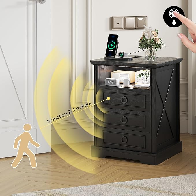 Nightstand Set 2 with Charging Station, Farmhouse End Side Table with 3 Drawers - Image 6
