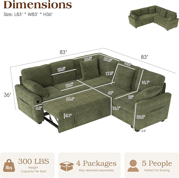 Ihanherry 83-inch 5-Seater Large Sectional Sofa Bed - Image 2