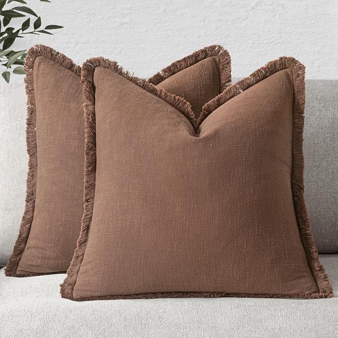 MIULEE Linen Fringe Decorative Fall Euro Pillow Covers Dark Coffee 22x22 | Set by MIULEE