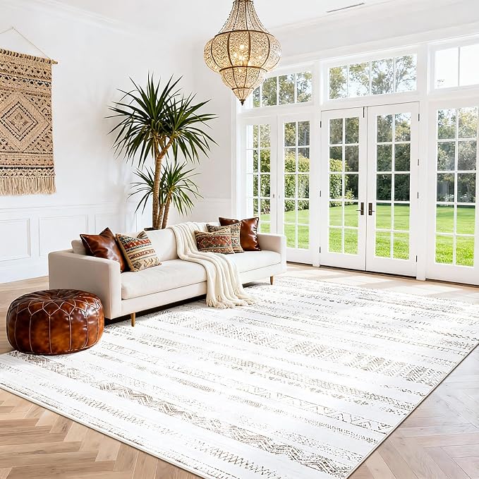 8x10 Washable Area Rugs for Living Room, Dining Room- Morocco White | Boho - Image 7