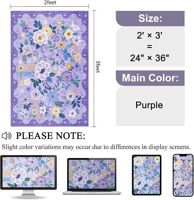 DUKINO 2x3 Entryway Rug, Floral Door Mat Soft Washable Rug Non Slip, - Image 2
