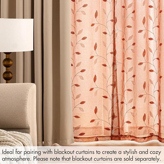 MIULEE Burnt Orange Sheer Fall Curtains 2 Panels Leaf Patterned, W52 x L96 | - Image 7