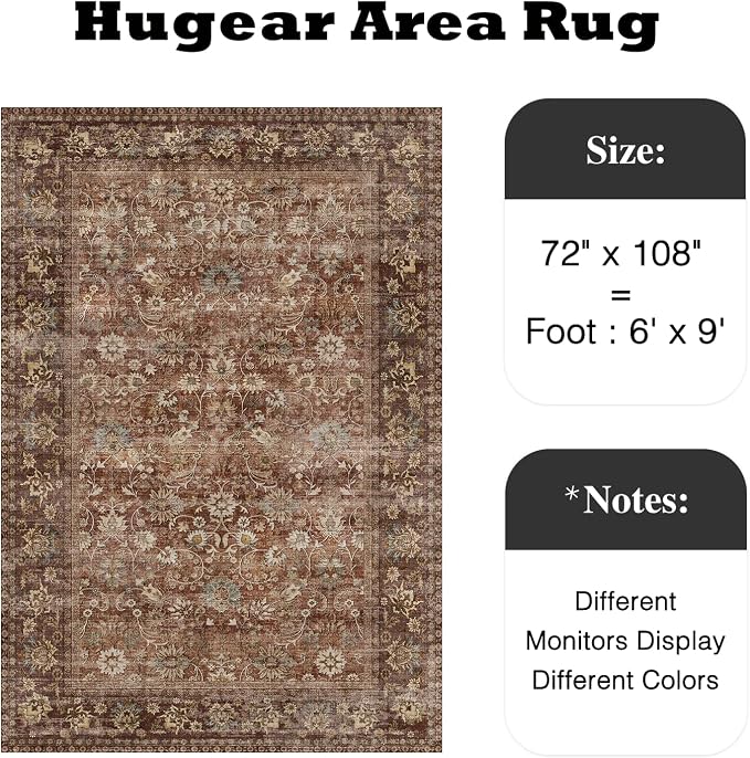 6x9 Brick Red Vintage Floral Washable Area Rug - Image 2