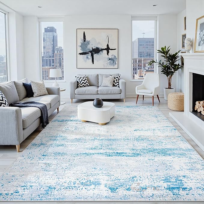 10x12 Washable Area Rug for Living Room Bedroom: Non-Slip Modern Light Blue | by Oriannal
