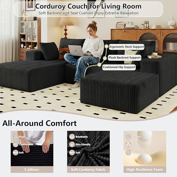 95" Cloud Sectional Couch U-Shaped Chaise - Image 4