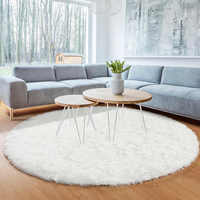 Cream White Round Area Rug 4ft, Fluffy Ultra Soft Bedroom Circle Rugs Floor Mat - Image 7