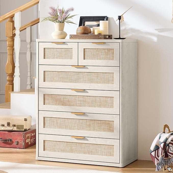 LEYAOYAO White Dresser for Bedroom Set of 2, Modern 6 Drawers Boho Rattan - Image 9