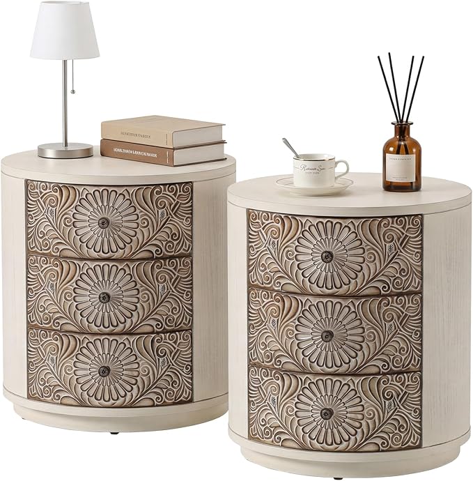 HOMPUS Round End Table Set 2, Fully Assembled Nightstand w 3 Storage Drawers by HOMPUS