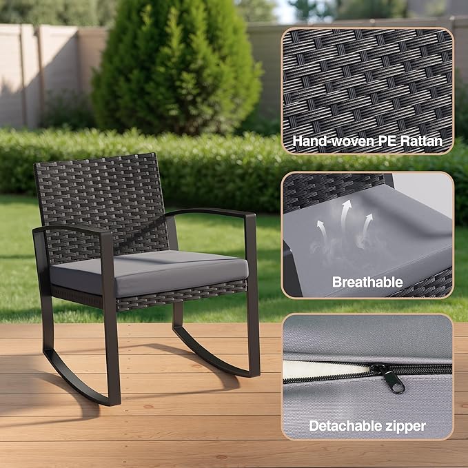 Qsun 3 Pieces Patio Furniture Set Rocking Bistro Set Outdoor Rattan Conversation - Image 4