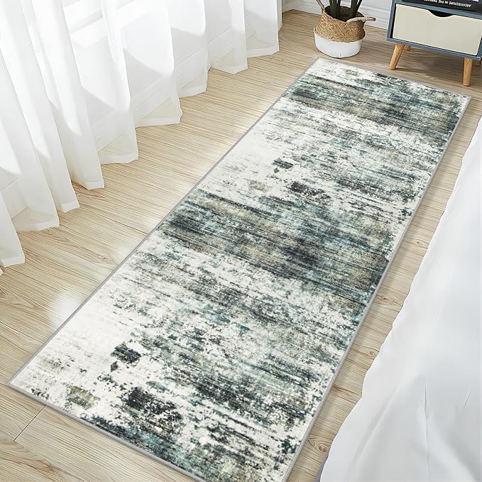2'6''x8' Runner Rugs Washable Rug:Modern Abstract Hallway Teal Green Carpet | - Image 3