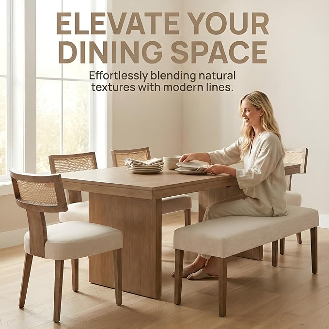 HNY Mid Century Modern Rattan Dining Chairs Set of 2, Farmhouse Linen - Image 7