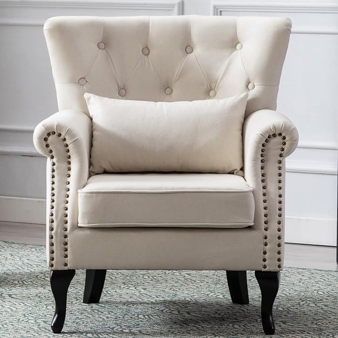 Mid Century Modern Accent Chair Upholstered Armchair Comfy Linen Fabric Single by Janoray