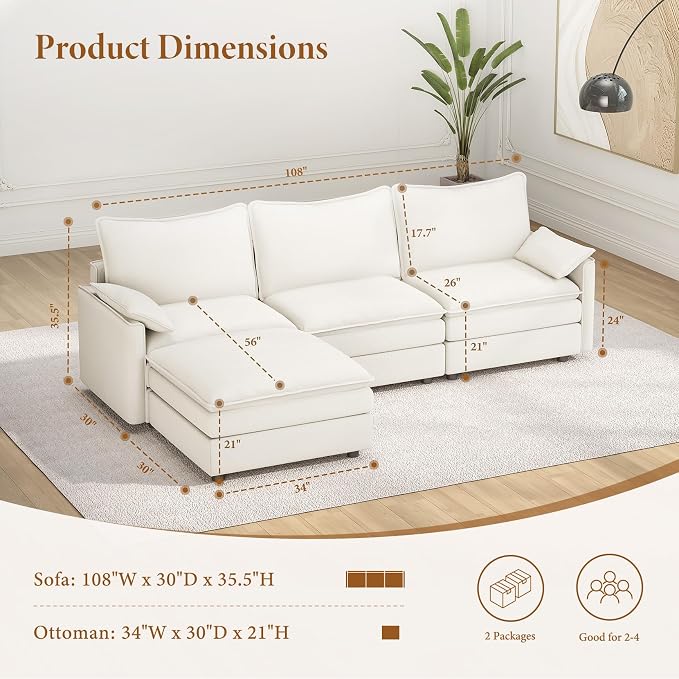 Vesgantti 108" Modular Sectional Sofa, Comfy Cloud Couch - Image 2