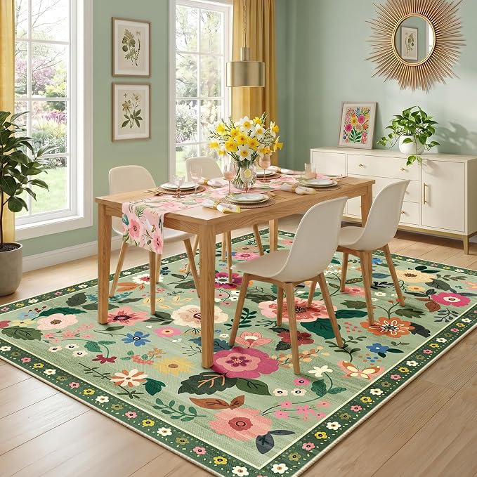 RELEANY Floral Washable 6x9 Area Rugs LightGreen | Flower Carpet Print Boho - Image 8