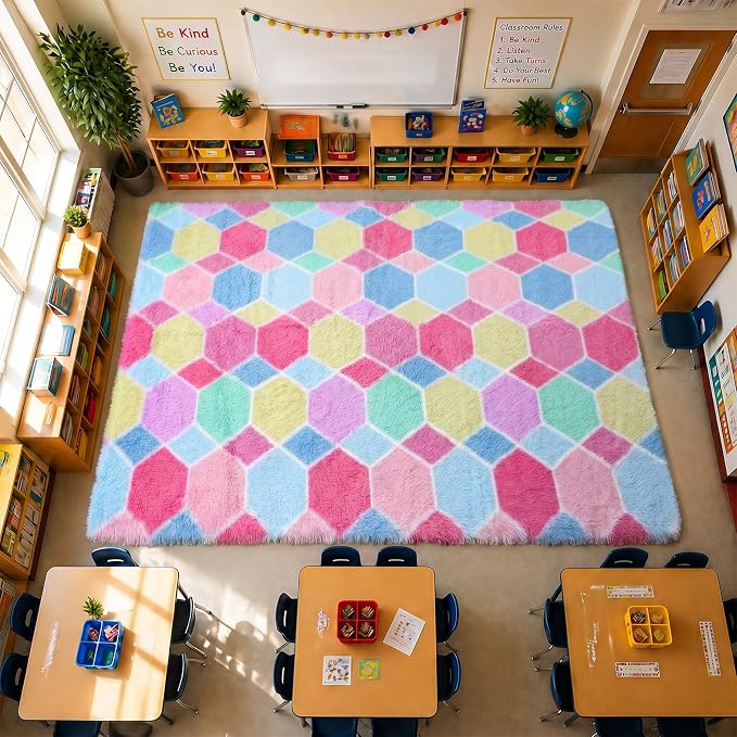 Checkered Pink Rainbow Area Rugs, Fluffy 5x8 Geometric Rug - Image 7