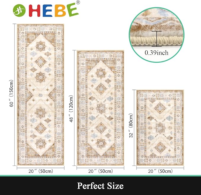 HEBE Boho Kitchen Rugs Set of 3, Non Slip Washable Kitchen Mats - Image 2