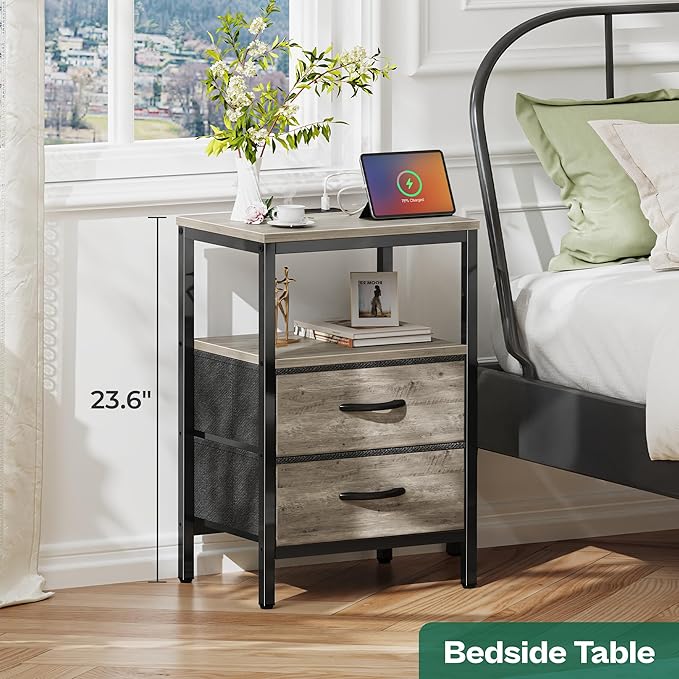 Huuger Nightstand with Charging Station, Fabric Drawers, End Table with Open - Image 3