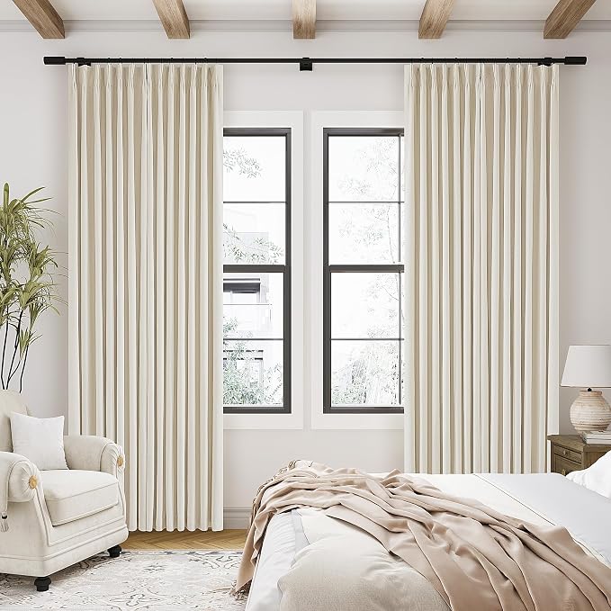 Cream Beige 100% Black Out Pinch Pleat Curtains 80 Inch Length 2 Panels | 2 - Image 7