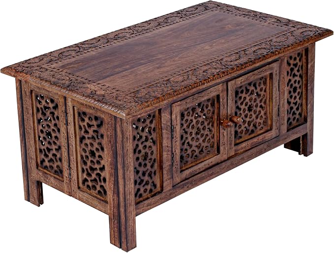 Hand-Carved Wooden Coffee Table – 36” x 18” Rectangular Mango Wood Center Table by TheWoodify