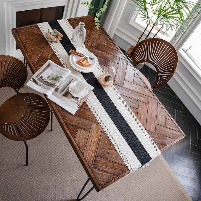 Macrame Table Runner Cream Beige and Black Boho Table Runners - Image 7