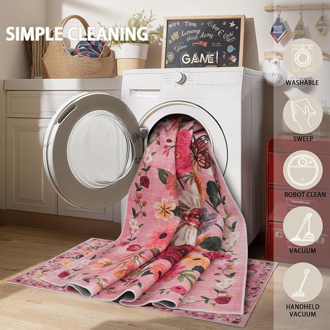 Pink Floral Rug for Entryway 2x3 Area Rug for Bedroom Kitchen | Ultra-Thin; - Image 6