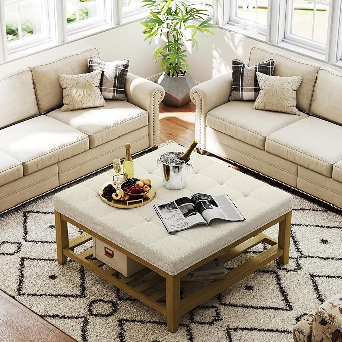 Befurtori Large Square Ottoman Coffee Table, Linen Solid Upholstered Footrest - Image 4
