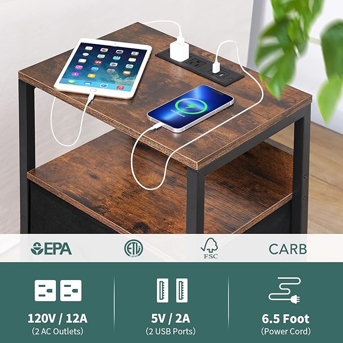 Yoobure Nightstand with Charging Station, Small Night Stand with Fabric Drawers - Image 5