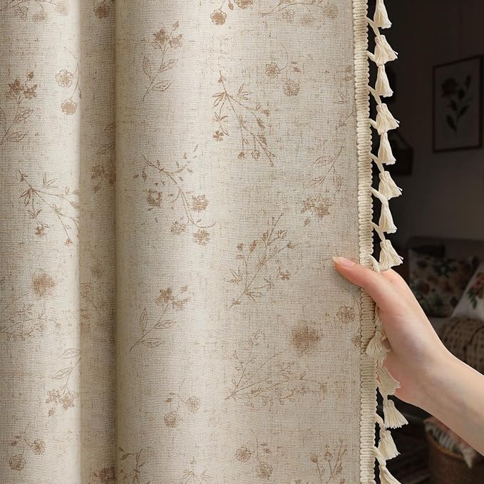Boho Floral 100% Blackout Curtains 84 Inch 2 Panels Beige | Farmhouse Vintage by Unknown