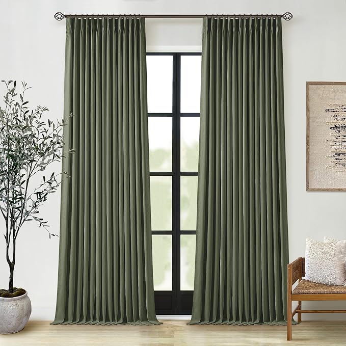 Olive Green Pinch Pleated Linen Blackout Curtains 90 Inch Long by Twodrapes