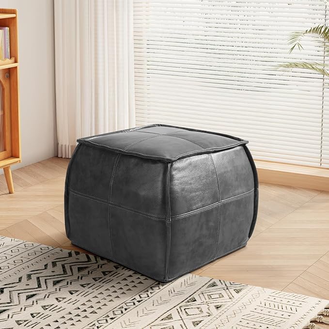 Leather Ottoman, Handmade Stuffed Square Ottoman, Genuine Leather Pouf by DIVANUS