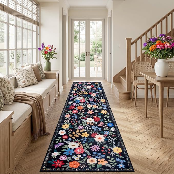 PLHXFR 2.6x14 Washable Runner Rug：Floral Indoor Kitchen Soft Carpet Black | - Image 3