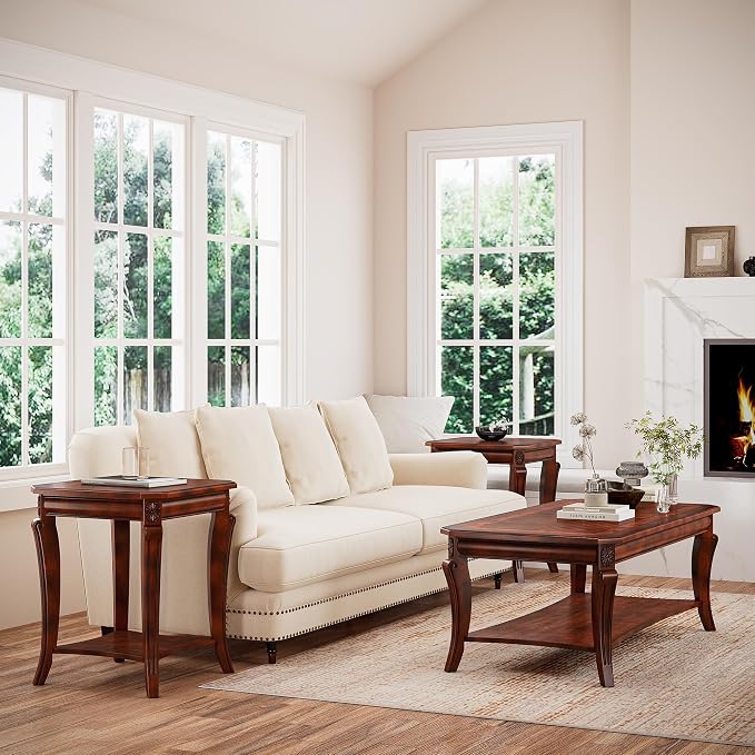 Traditional Distressed Farmhouse Style Coffee Table Set, 3-Piece Solid Wood - Image 4