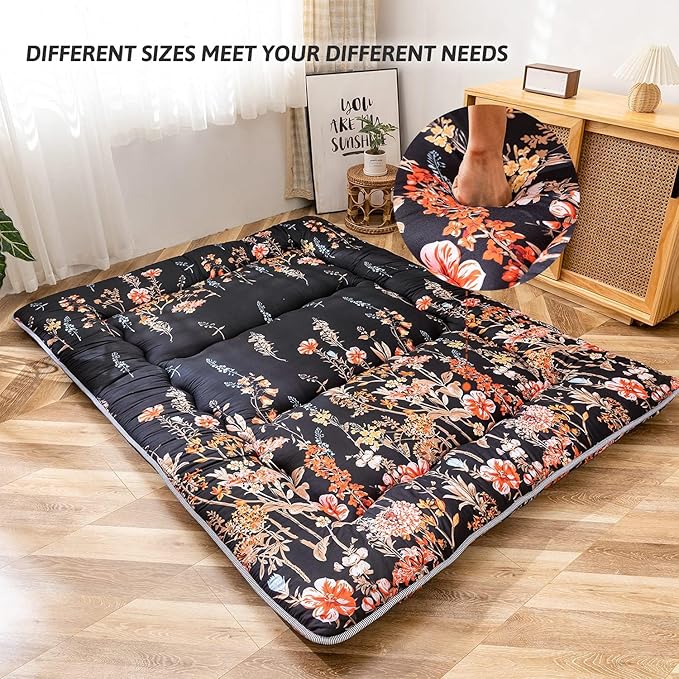 MAXYOYO Black Floral Japanese Futon Floor Mattress, Mattress Topper Portable - Image 3