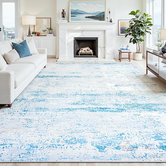 10x12 Washable Area Rug for Living Room Bedroom: Non-Slip Modern Light Blue | - Image 8