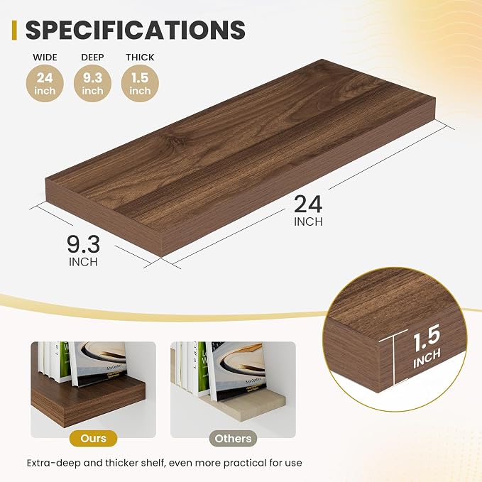 Acovy 24 Inch Floating Shelves, 9.3" Deep Floating Shelf Wall Mounted, Rustic - Image 3