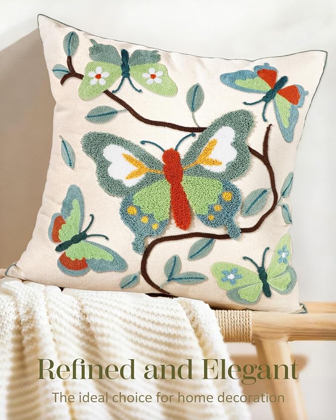 Embroidered Throw Pillow Cover 18x18 Inch, Branch Butterfly | Decorative Pillow - Image 5
