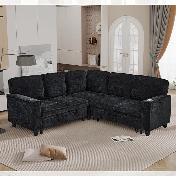 L-Shaped Sectional Couch with Storage and Pull Out Bed, Convertible Sofa Bed - Image 3