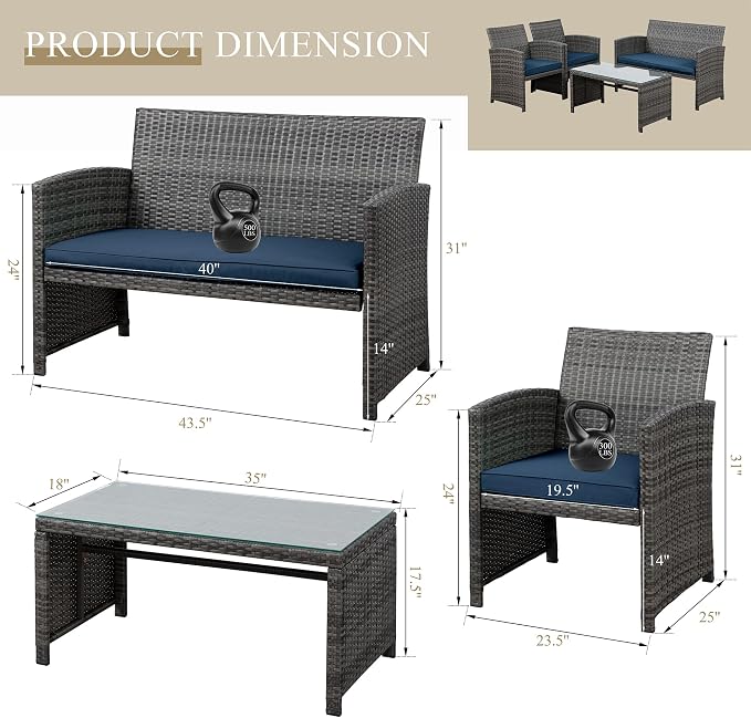 JAMFLY 4 Piece Outdoor Patio Furniture Set, Outdoor Wicker Rattan Chairs - Image 2