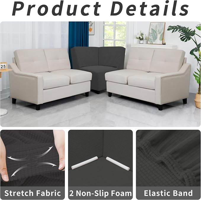 Easy-Going Stretch Soft Sectional Corner Sofa Couch Slipcover Dark Gray | - Image 5