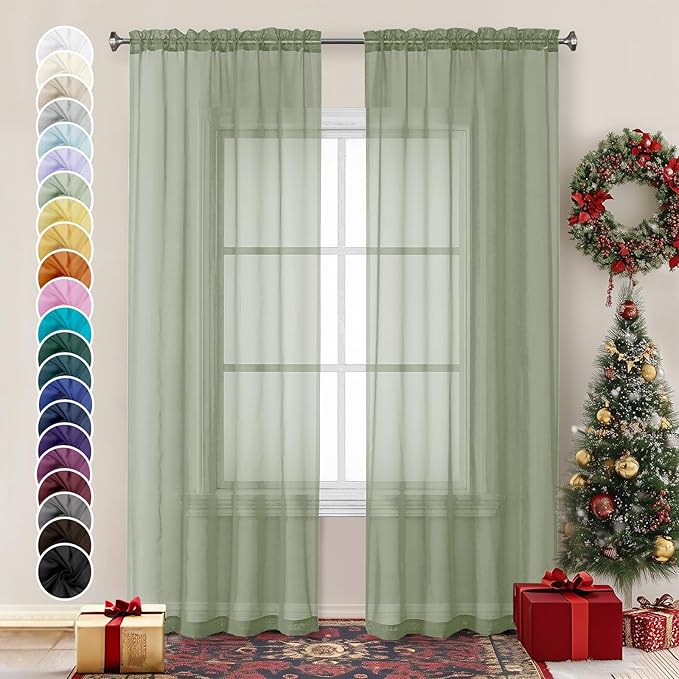 Chyhomenyc Sage Green Sheer Curtains 84 inches Long 2 Panels | Light Filtering by Chyhomenyc