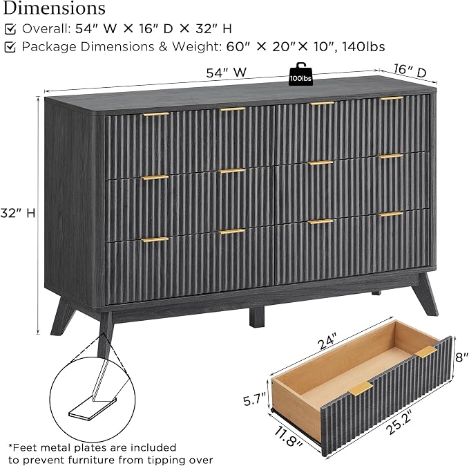 T4TREAM Fluted 6 Drawers Dresser, Curved Profile Design, Dresser TV Stand - Image 2
