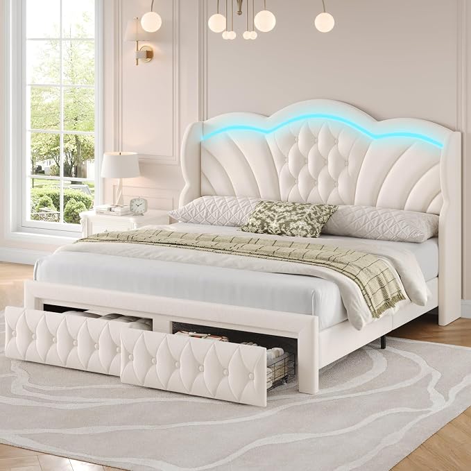 Keyluv Queen Bed Frame with LED Lights and 2 Storage Drawers, Velvet by KeyluvHome